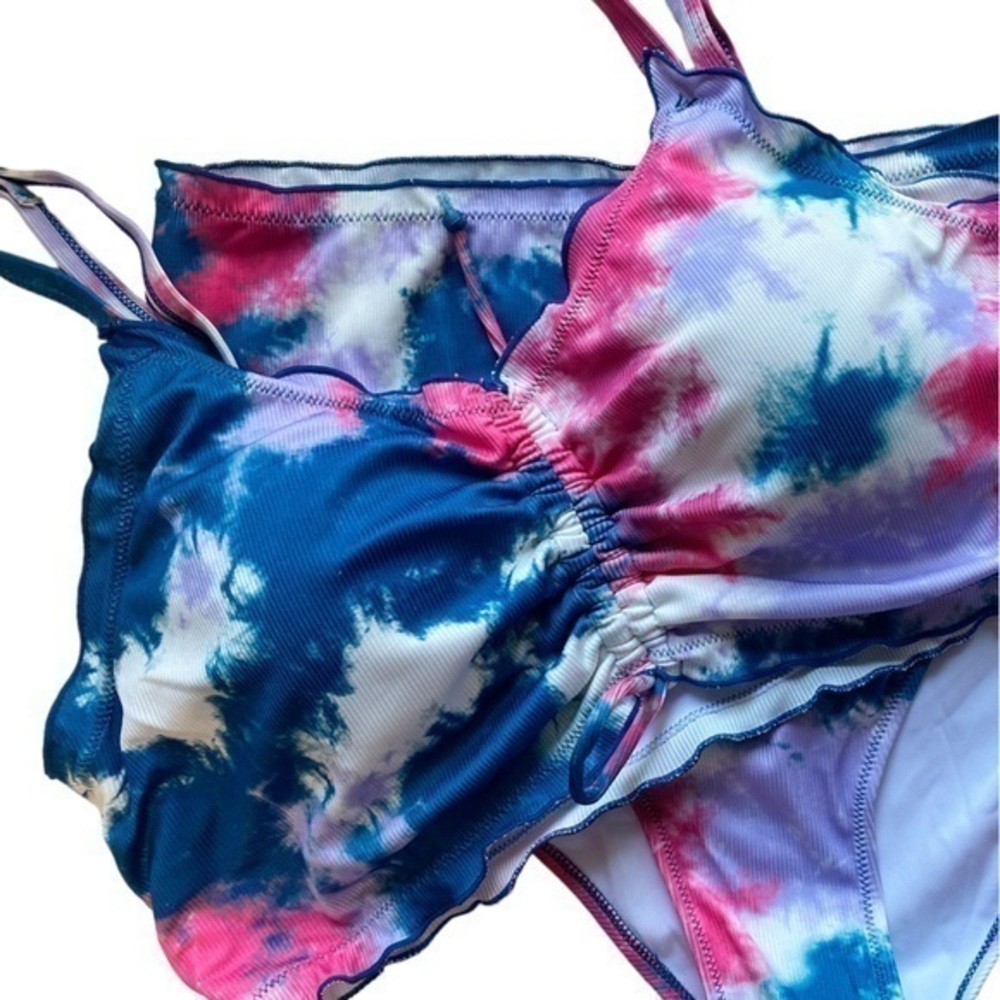 Shein Plus Tie Dye Rib Ruched Knot Bikini Swimsuit Set